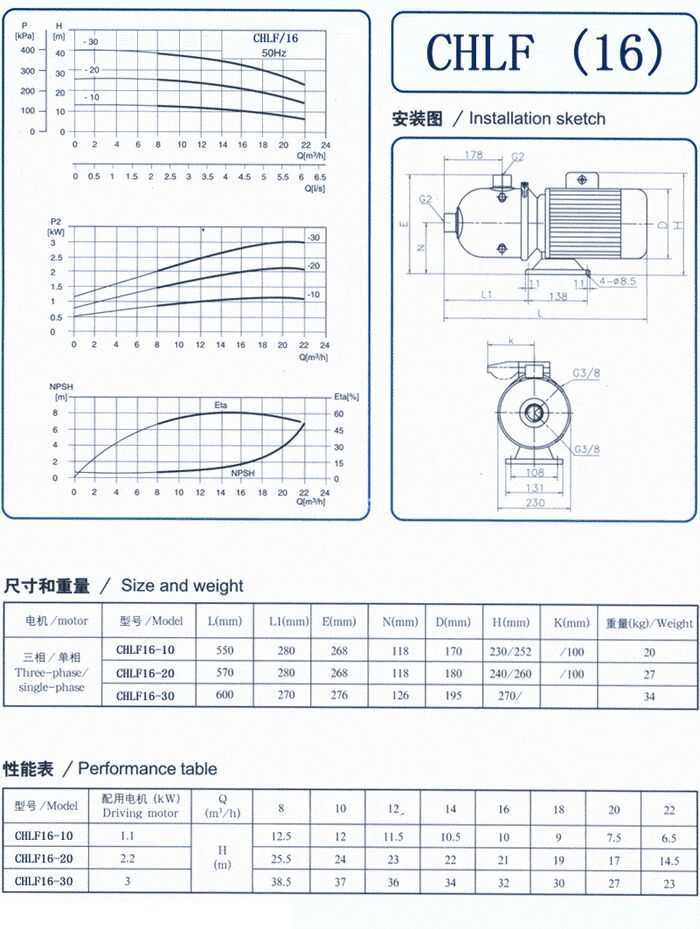 CHLF輕型立式不銹鋼多級離心泵安裝圖、尺寸、性能