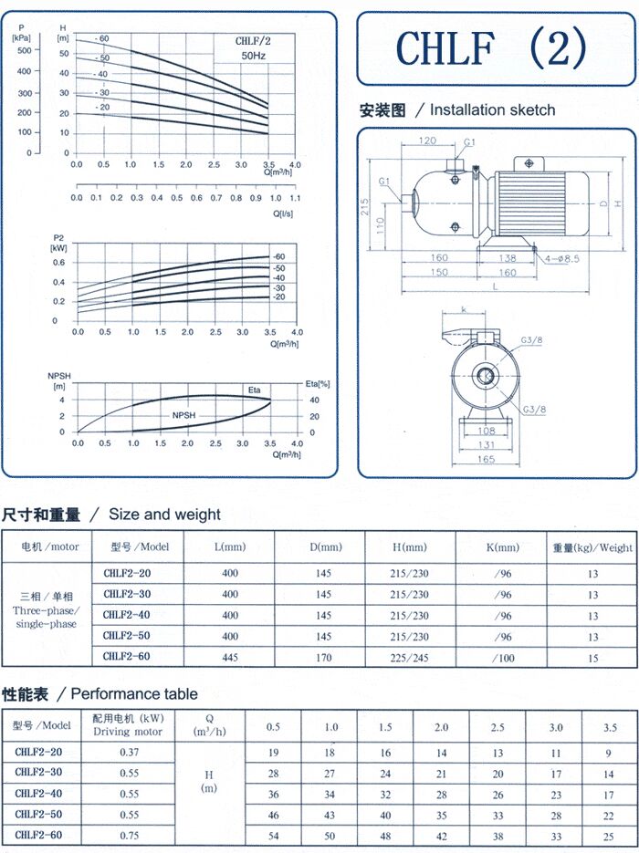 CHLF輕型立式不銹鋼多級離心泵安裝圖、尺寸、性能